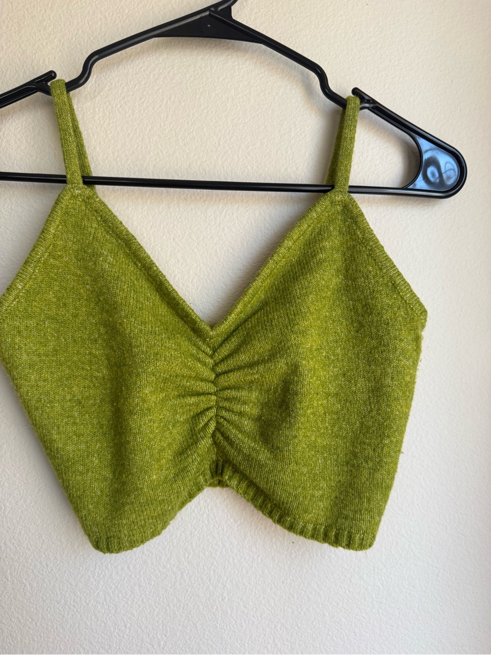 Ruched V-Neck Knit Crop Top in Olive Green